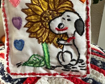 Handmade snoopy fabric Art/ small embroidered and painted wall decor/ unique collectible Gift.