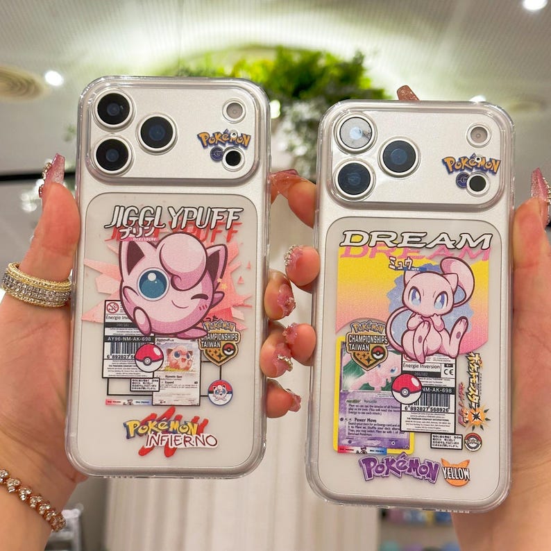 May include: Two clear phone cases with Pokemon designs. One features Jigglypuff with the text "Jigglypuff" and "Pokemon Infierno". The other case has a Mew design with the text "Dream" and "Pokemon Yellow".