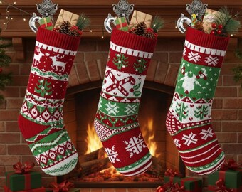 Medias navideñas de punto nórdico, rojas y verdes, juego de 3