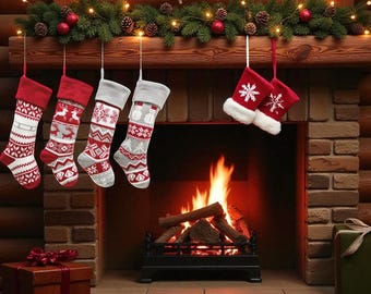 Medias navideñas de punto escandinavas: decoración navideña en rojo y gris