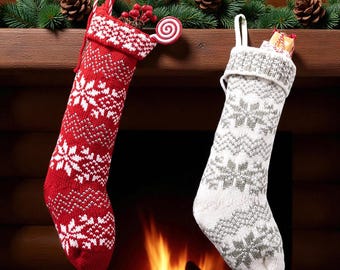 Media navideña nórdica con copos de nieve: decoración para repisa con aspecto de punto rojo y blanco