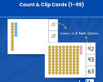 May include: Montessori bead counting cards with numbers 1-99. The cards feature illustrations of beads in gold and blue, with numbers displayed in a clear font. The text "Comes in 2 Font Options" is also visible. The cards are designed for educational purposes.