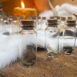 May include: Clear glass bottles with cork stoppers, each containing different items. One bottle holds dark brown hair, another a small bone, and a third contains dark specks. The bottles sit on a wooden surface.