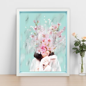 PRINTABLE Flower Head Surreal Portrait | Surreal Floral Portrait Digital Art | Woman with Blossoms Printable | Abstract Pink Flower Head 