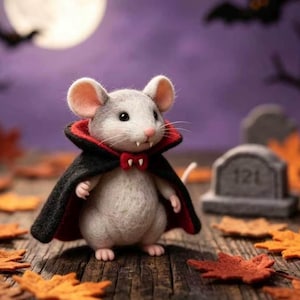 May include: A needle-felted mouse figurine wearing a black cape with a red lining and a small red bow tie. The mouse has light gray fur, pink ears, and visible white fangs. It stands on a wooden surface with scattered orange autumn leaves.