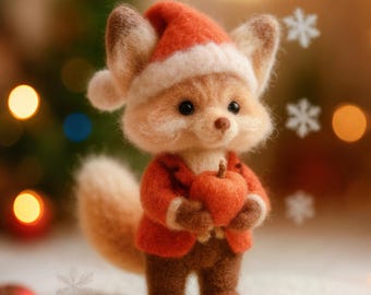 Puede incluir: Figura de zorro de fieltro hecha a mano, vestida con una chaqueta roja, pantalones marrones y un gorro de Papá Noel. El zorro sostiene una pequeña manzana roja. El fondo presenta luces navideñas borrosas y un pequeño árbol de Navidad.