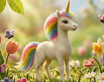 Filcowany igłą tęczowy jednorożec | Ręcznie robiona dekoracja wielkanocna z filcu wełnianego