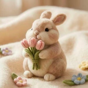 May include: A soft, light brown bunny ornament clutching a bunch of pink tulips. The bunny has pink cheeks and small black eyes. Decorative felt flowers in pink, blue, and yellow are scattered around the bunny.