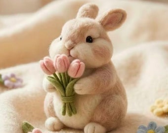 Needle Felted Bunny Figurine with Flowers, Handmade Wool Spring Decor