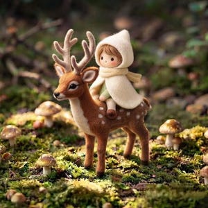 May include: A needle felted figurine of a small deer with brown fur and white spots, carrying a tiny doll wearing a cream-colored hooded cloak. The deer has prominent antlers and is positioned among numerous small brown mushrooms and green moss.