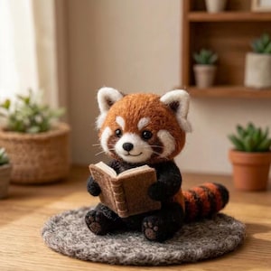 Könnte beinhalten: Eine nadelgefilzte rote Panda-Figur mit rotbraunem und weißem Fell, schwarzen Gliedmaßen und einem gestreiften Schwanz, die auf einer grauen runden Matte sitzt und ein kleines, offenes braunes Buch mit sichtbaren Heftdetails hält.