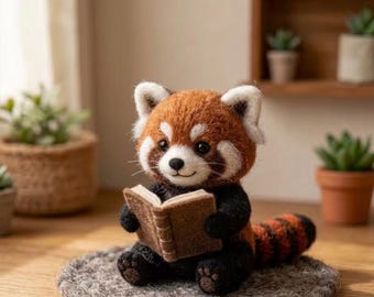 Handmade Needle-Felted Reading Animals – Miniature Raccoon, Mouse, & Red Panda Figurines