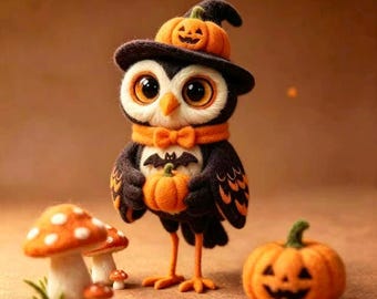 Adorno de búho de Halloween hecho a mano con fieltro de aguja / Figura de lana con sombrero de bruja, alas de murciélago y calabaza.