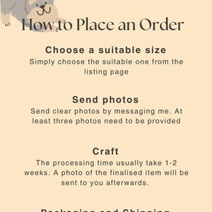 May include: A beige graphic with the title "How to Place an Order" and instructions. The steps include choosing a size, sending photos, and the crafting process, which takes 1-2 weeks. A cartoon dog is in the upper left corner.