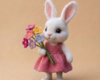 Ręcznie robiony filcowany igłowo króliczek z kwiatami | Miniaturowa figurka wiosennego zwierzęcia