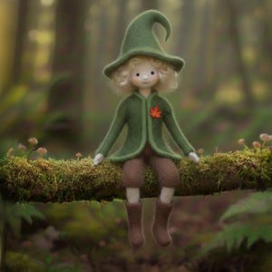 May include: A handmade doll dressed in a green jacket, hat, and brown pants and boots, sitting on a moss-covered branch. The doll has blonde curly hair and a red leaf pinned to its jacket. The background is a blurred forest scene.