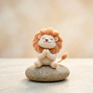 May include: A handcrafted felt lion figurine with a smiling expression, orange mane, and a small tail. The lion is sitting on a gray stone, with its paws together. The background is a soft, blurred beige.