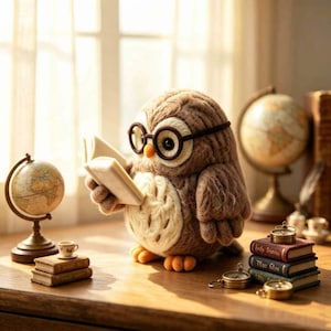 May include: A brown and cream-colored felted owl figurine wearing black-rimmed glasses and holding an open book. The owl is positioned on a wooden surface alongside a small globe, a stack of two miniature books, and a stack of three books with compasses.