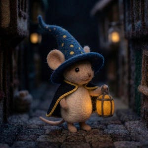 May include: A handcrafted felt mouse dressed as a wizard, wearing a blue hat with yellow spots and a black cape with yellow edging. The mouse holds a glowing yellow lantern, set against a blurred cobblestone street scene.