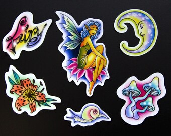 Stickers of Original Art Colorful Airbrush Style Fairy Set of 6 Waterproof Vinyl Stickers for Laptop Water Bottle