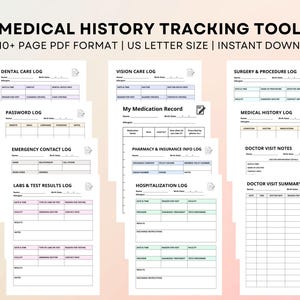 Może przedstawiać: Zestaw drukowanych formularzy do śledzenia historii medycznej. Formularze obejmują dzienniki dotyczące opieki stomatologicznej, wzroku, leków, kontaktów alarmowych i wyników badań laboratoryjnych. Tekst na obrazku brzmi "MEDICAL HISTORY TRACKING TOOLKIT".