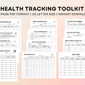 Puede incluir: Un conjunto de registros de seguimiento de la salud imprimibles, que incluyen registros de presión arterial, alimentos y ejercicios, síntomas diarios y medicamentos. El texto "HEALTH TRACKING TOOLKIT" está en la parte superior. Los registros son de tamaño US Letter.