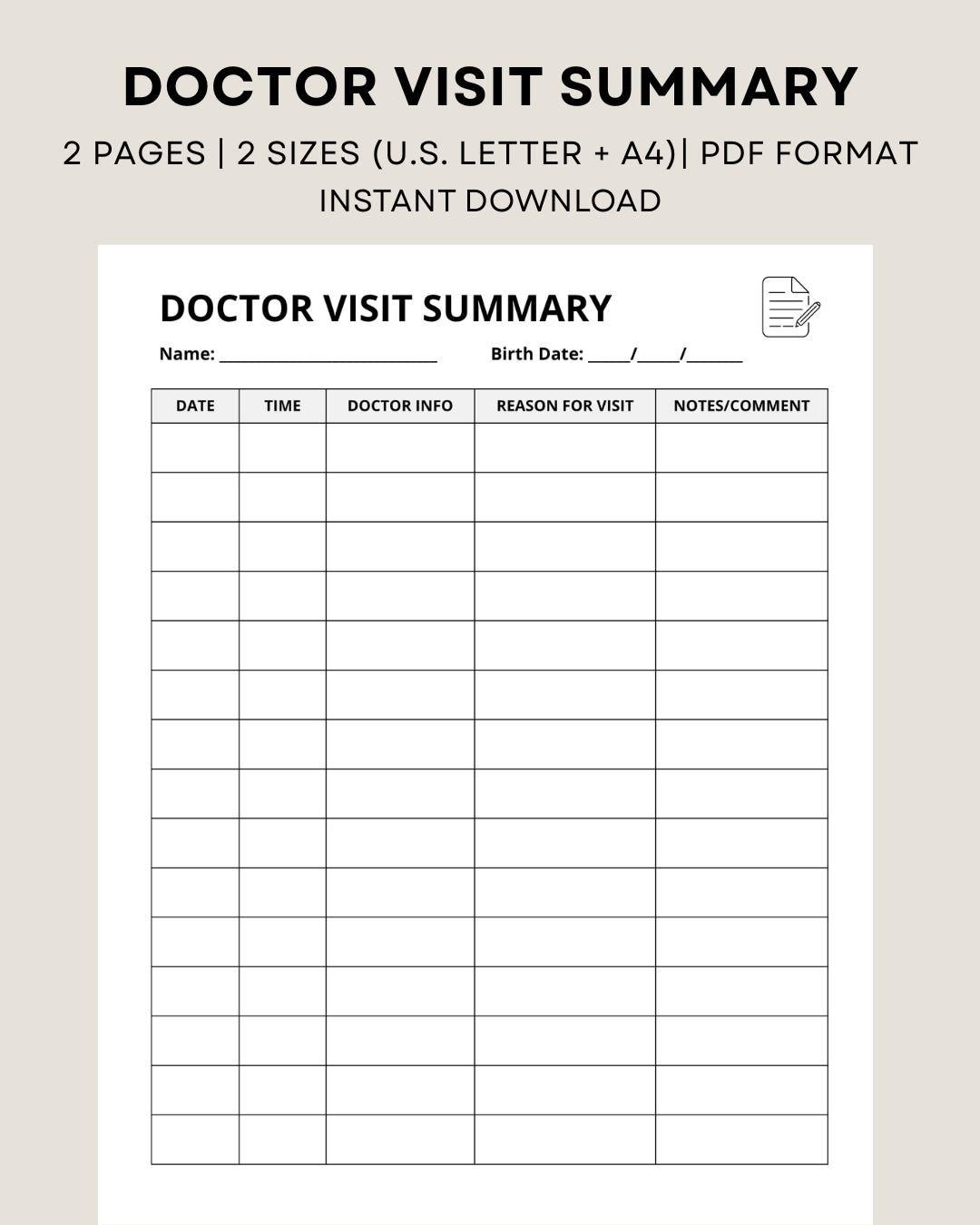 Doctor Visit Summary Printable: Health Appointment Tracker (letter & A4 ...