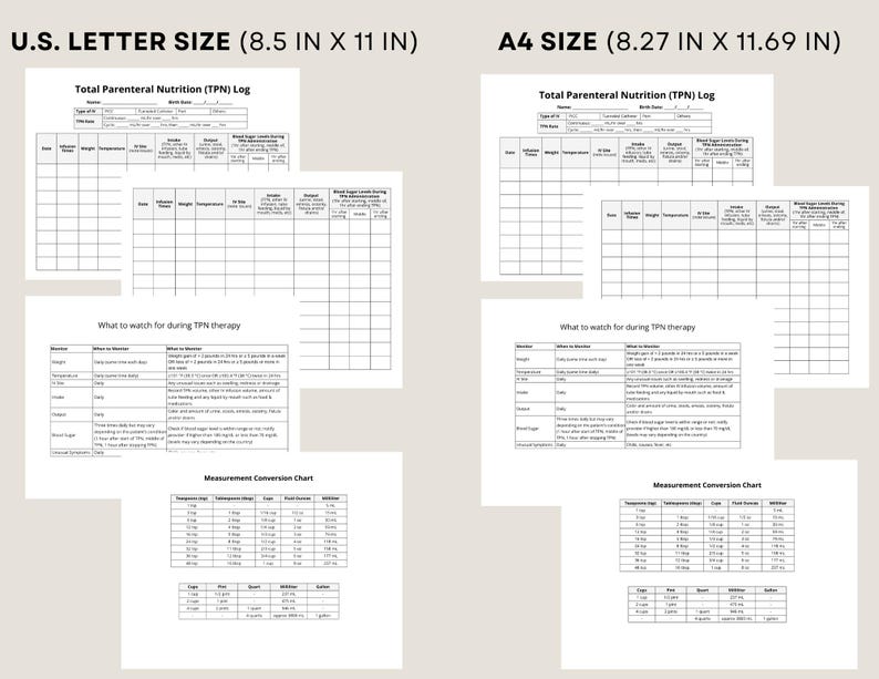 TPN Monitoring Log: Total Parenteral Nutrition Tracker (letter & A4 PDF ...