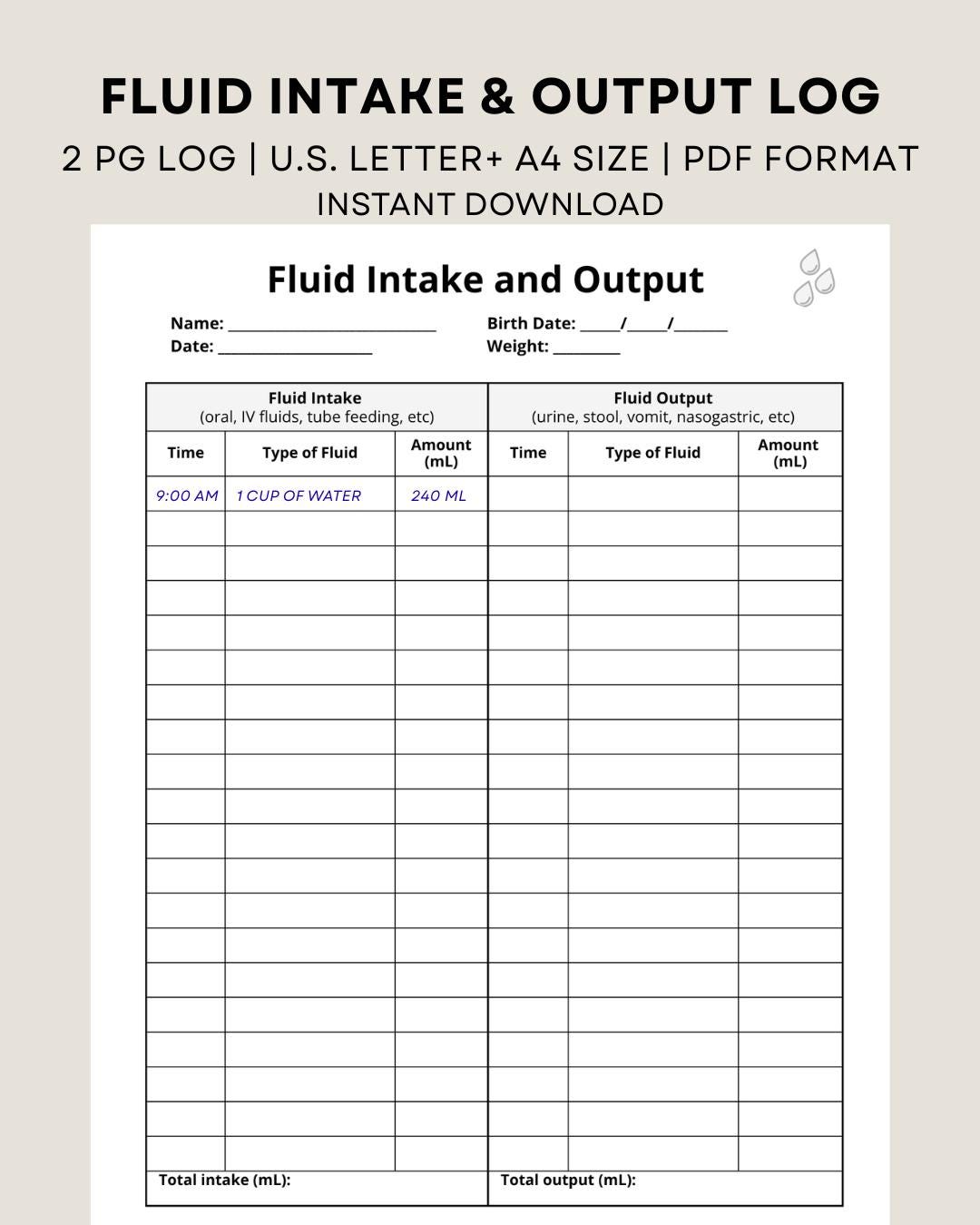 printable fluid intake and output log, intake and output record