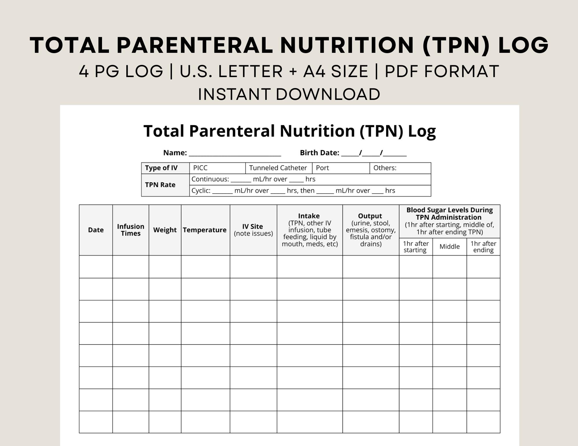 Tpn Volume Worksheet.pdf TPN Monitoring Log: Total Parenteral Nutrition Tracker (letter & A4 PDF ...