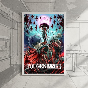 Puede incluir: Un póster de anime enmarcado con una escena dramática en tonos rojos y azules. El póster tiene el texto "TOUGEN ANKI" en blanco. La obra de arte representa una escena de batalla con una gran luna rosa en el fondo.