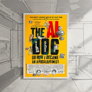 Puede incluir: Un póster de película enmarcado titulado "The AI Doc" sobre un fondo amarillo con varias ilustraciones. El póster incluye el texto "OR HOW I BECAME AN APOCALOPTIMIST" y "THE FUTURE IS NOT AUTOMATIC". El póster está en un marco blanco.