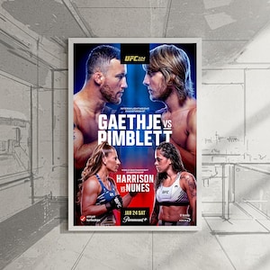 Peut inclure: Une affiche encadrée de l'UFC 324 avec Gaethje contre Pimblett et Harrison contre Nunes. L'affiche a une bordure blanche et inclut la date de l'événement, le 24 janvier, et le logo Paramount+.