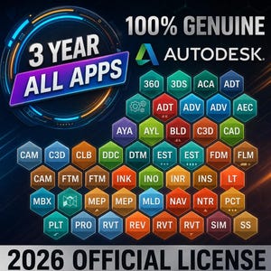 May include: Digital graphic with the text "3 YEAR ALL APPS" and "100% GENUINE AUTODESK." A grid of colorful hexagonal tiles displays software abbreviations. The bottom reads "2026 OFFICIAL LICENSE."