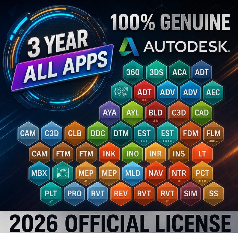 May include: Digital graphic with the text "3 YEAR ALL APPS" and "100% GENUINE AUTODESK." A grid of colorful hexagonal tiles displays software abbreviations. The bottom reads "2026 OFFICIAL LICENSE."