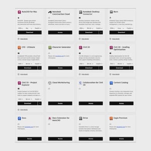 May include: A grid of software application icons on a white background. Each icon has a title and a 'Download' or 'Access' button. Applications include AutoCAD for Mac, Autodesk Construction Cloud, and Civil 3D.