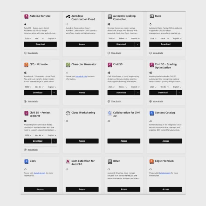 May include: A grid of software application icons on a white background. Each icon has a title and a 'Download' or 'Access' button. Applications include AutoCAD for Mac, Autodesk Construction Cloud, and Civil 3D.