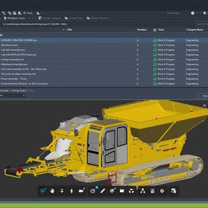 May include: A 3D rendering of a yellow and gray heavy-duty machine with a large hopper, tracks, and a cab. The machine is displayed on a computer screen within a software interface, with various menus and options visible.