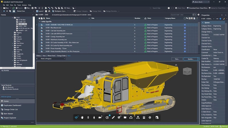 May include: A 3D rendering of a yellow and gray heavy-duty machine with a large hopper, tracks, and a cab. The machine is displayed on a computer screen within a software interface, with various menus and options visible.