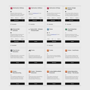 May include: A grid of software product cards with titles like Fabrication CADmep, FeatureCAM, and Fusion. Each card includes a brief description, download or access buttons, and version information. The layout is clean and organized.
