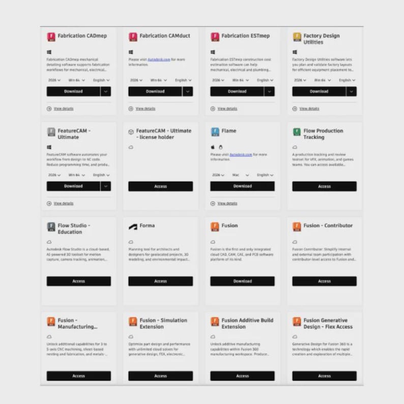May include: A grid of software product cards with titles like Fabrication CADmep, FeatureCAM, and Fusion. Each card includes a brief description, download or access buttons, and version information. The layout is clean and organized.