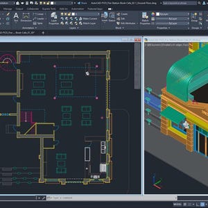 May include: A computer screen displays architectural design software. The screen shows a 2D floor plan with lines and symbols, and a 3D rendering of a building. The software interface is visible with various tools and menus.