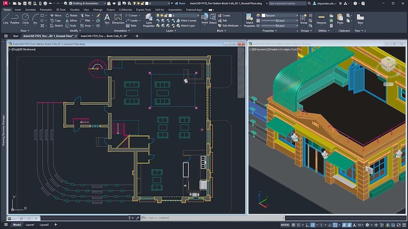 May include: A computer screen displays architectural design software. The screen shows a 2D floor plan with lines and symbols, and a 3D rendering of a building. The software interface is visible with various tools and menus.