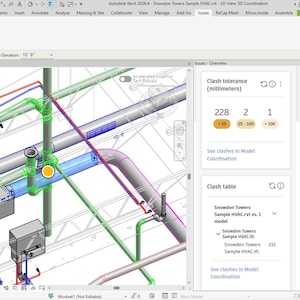 May include: A computer screen displays a 3D model of an HVAC system with pipes and equipment. The interface shows clash tolerance measurements in millimeters and a coordination issue. The software interface includes various tools and options for managing the model.