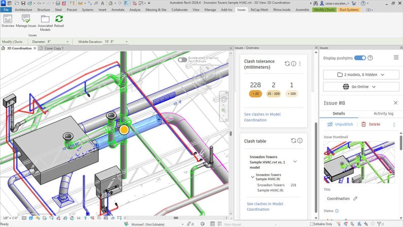 May include: A computer screen displays a 3D model of an HVAC system with pipes and equipment. The interface shows clash tolerance measurements in millimeters and a coordination issue. The software interface includes various tools and options for managing the model.