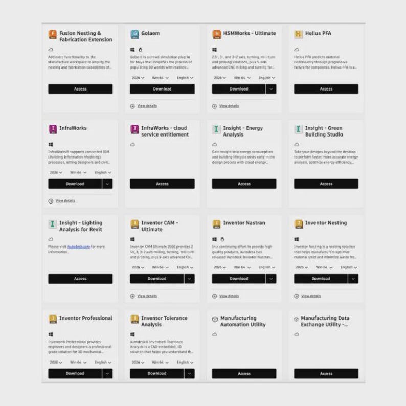 May include: A grid of software application icons on a white background. Each icon has a title and a button labeled "Access" or "Download". The applications cover various engineering and manufacturing tools.