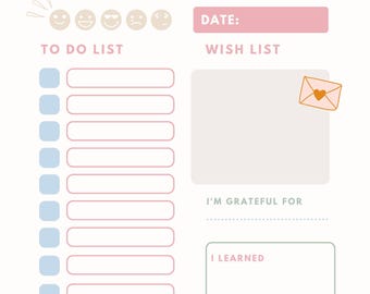 May include: A Daily Planner in soft pastel colors. The planner includes sections for mood tracking, a to-do list, a wish list, and space to write what you are grateful for and what you learned. The words "Daily Planner" are at the top.