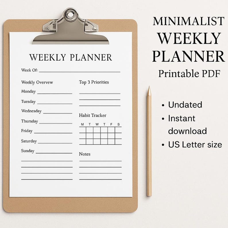 Minimalist Weekly Planner Printable | Undated PDF Download | Simple ...