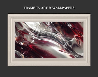 No8: Digitale Kunst für Samsung Frame TV – Rot, Weiß & Silber Abstraktes Luxus-Kunstwerk | Modernes Wanddisplay | Digitales Hintergrundbild
