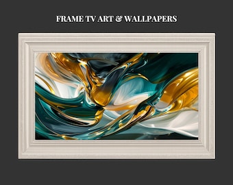 No10: Digitale Kunst für Samsung Frame TV – Petrol, Weiß & Gold Abstraktes Luxus-Kunstwerk | Modernes Wanddisplay |Digitales Hintergrundbild